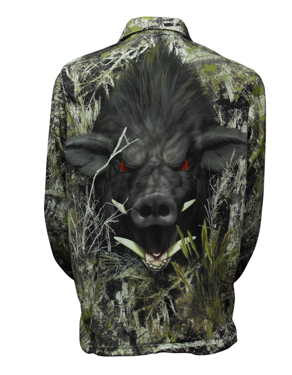 Boar long sleeve polo back - large boar graphic on camo print
