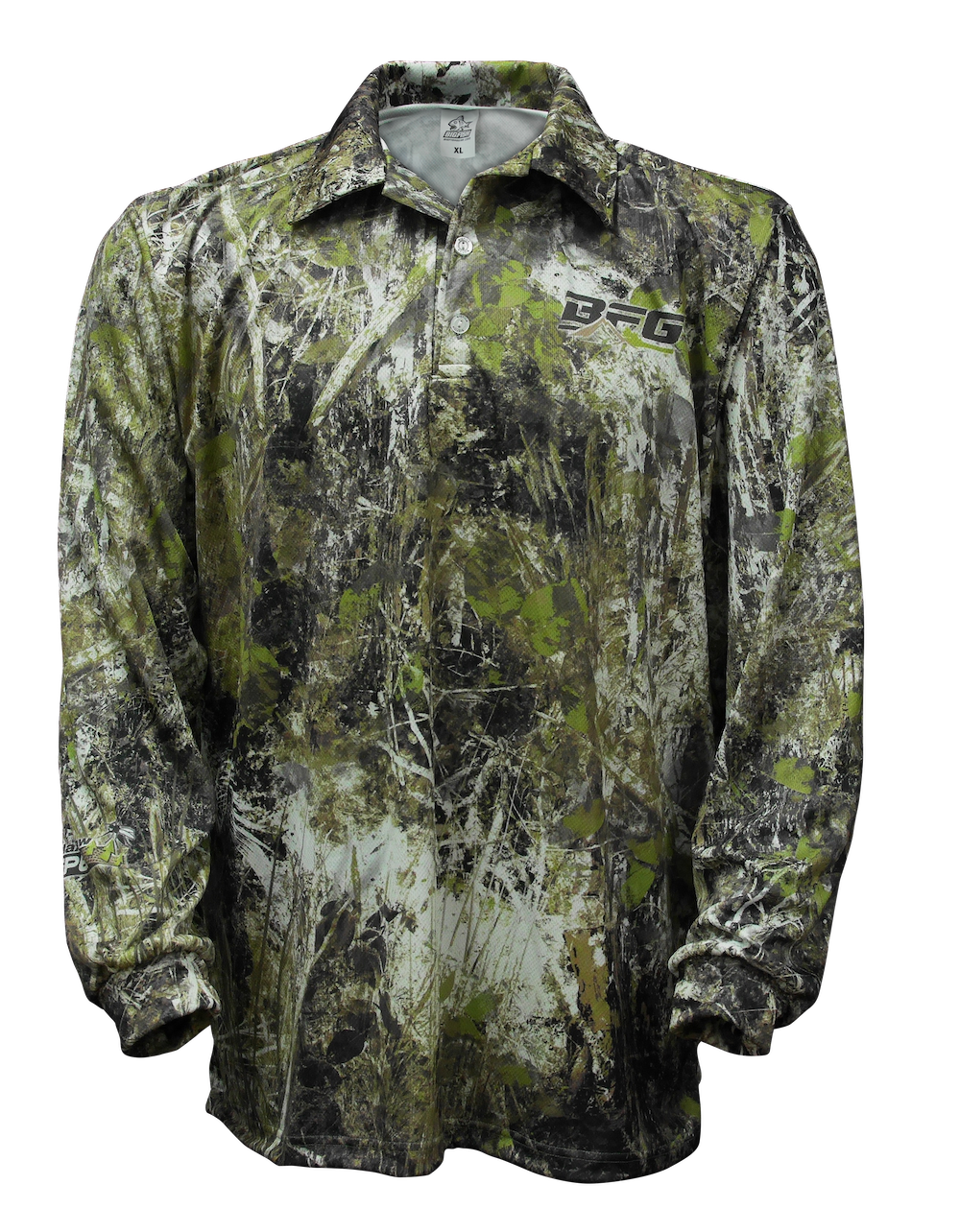 Boar long sleeve polo front - camo print with BFG logo