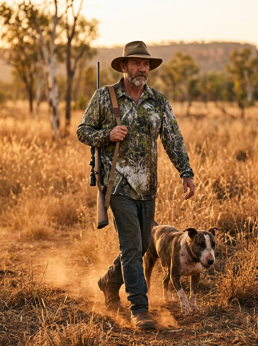 Outback pig hunter at dusk wearing the Boar fishing shirt