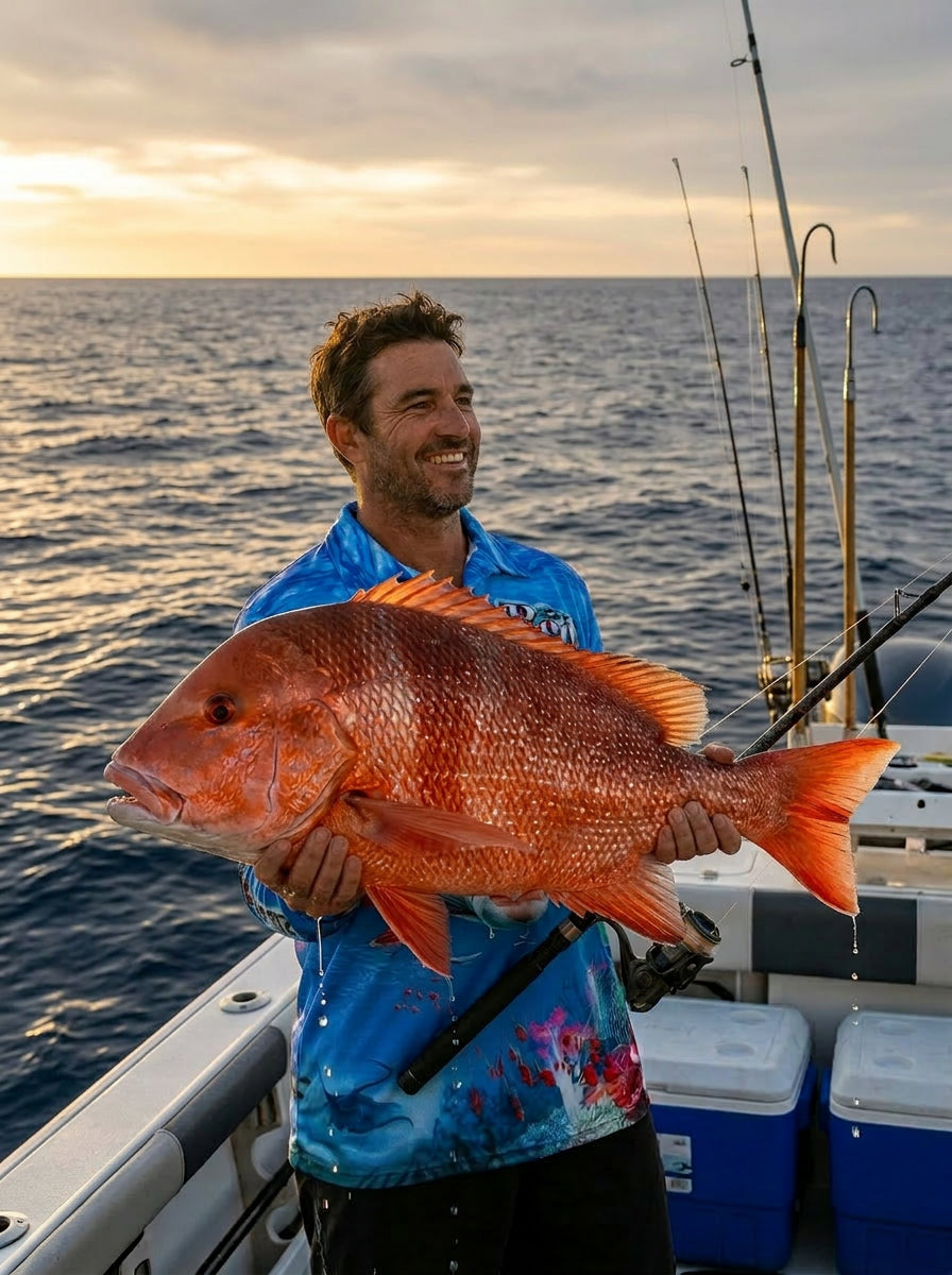 Red Emperor lifestyle - angler with trophy fish at sunset offshore
