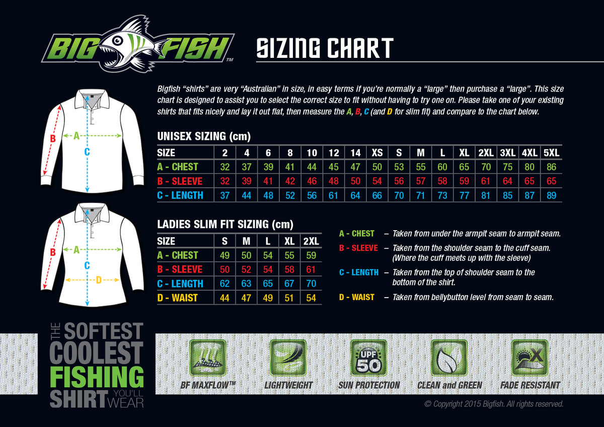 Bigfish Unisex Sizing chart