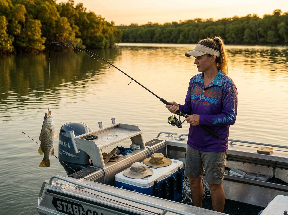 Angler on tropical NT boat at sunset wearing Wild Scales Purple fishing shirt